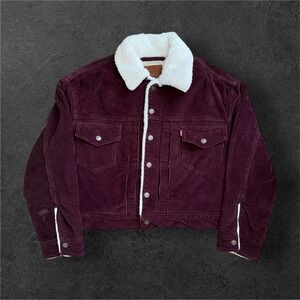 Levis Corduroy Sherpa Trucker Jacket Womens XS Burgundy Maroon Crop Big E